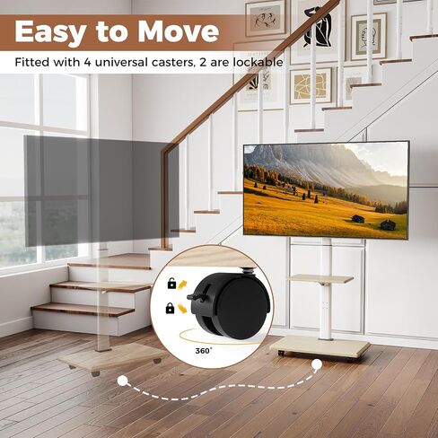 Rolling TV Stand on Wheels, Mobile TV Cart for 32"-75" TVs, Portable AV Cart with 30° Tilt Mount, Adjustable Shelf & Cable Management for Living Room Bedroom Home Office (White & Natural) in Saudi Arabia