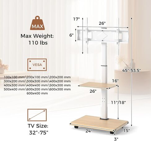 Rolling TV Stand on Wheels, Mobile TV Cart for 32"-75" TVs, Portable AV Cart with 30° Tilt Mount, Adjustable Shelf & Cable Management for Living Room Bedroom Home Office (White & Natural) in Saudi Arabia