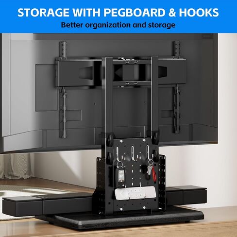 حامل تلفزيون دوار عالمي مع وحدة تخزين Pegboard، حامل تلفزيون على سطح طاولة قابل للتعديل لارتفاع 42-90 بوصة، يصل إلى 150 رطل مع قاعدة خشبية كبيرة للاستقرار، بحد أقصى 600 × 400 مم (أسود) in Kuwait