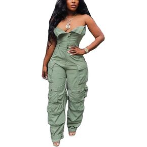 Tbahhir Women's Sexy Off Shoulder Tube Denim Cargo Jumpsuits Wide Leg Baggy Loose Jean Pants Rompers Overalls
