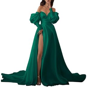 Off Shoulder Satin Wedding Dresses with Slit for Bride Detachable Puffy Sleeves Simple Bridal Gown A-line Prom Dress