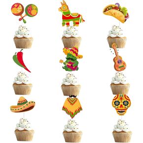 36pcs Mexican Feliz Cumpleaños Cactus Happy Birthday Cupcake Toppers Dessert Muffin Food Picks Taco Mexican Cinco De Mayo Theme Fiesta Chilli Sombrero Cupcake Party Supplies
