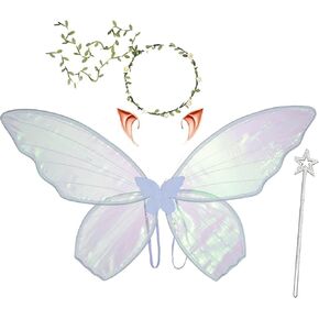 Fairy Wings for Adults and Girls，Fairy Costume Set with Floral Garland, Wand & Elf Ears – Organza Butterfly Wings