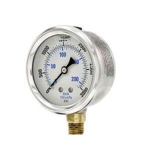 PIC Gauges PRO-201L-254V 0-15000 PSI Pressure Gauge, 2 1/2" Dial, 1/4" Male NPT Connection, Bottom Mount, Dual Scale, Glycerin Filled, Stainless Steel Case/Bezel, Brass Internals & Plastic Lens, -30/0/30