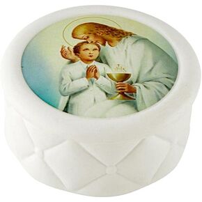 Needzo First Communion Rosary Case, Porcelain Religious Jewelry Box with Traditional Full Color Artwork on Removable Lid, Catholic Keepsake Gift, 2.75 inches (Boy)
