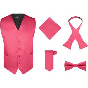 S.H. Churchill & Co. Men's Fuchsia 5 Piece Vest Set, with a Pre-Tied and Self-Tie Bow Tie, Neck Tie & Pocket Hankie – Large