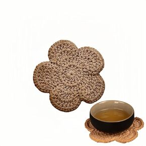 Tea-dyed cotton and linen coasters Handmade flower coasters for tea cups and pots, （3.15 Inch, 8mm Thick）heat-insulated and water-absorbent pads for cups and pots 2-pack（ Coffee color）
