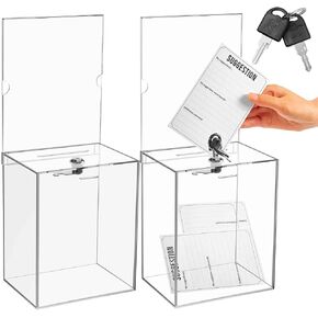 Sweetude 2 Pack Acrylic Donation Box with Lock Tall Tip Jars 8.2 x 6.7 x 5 In Suggestion Ballot Box with Sign Holder Large Locking Raffle Voting Box Container for Fundraising Ticket Collection (Black)