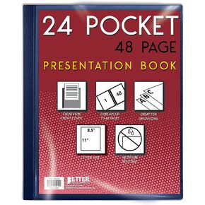 24 Pocket Bound Presentation Book, Blue, Clear View Front Cover, 48 Sheet Protector Pages, 8.5" x 11" Sheets, by Better Office Products, Art Portfolio, Durable Poly Covers, Letter Size (2 Pack)