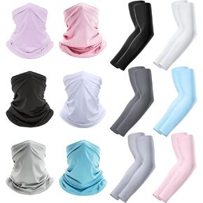 6 Pack Neck Gaiter Bandana Face Mask Cooling Gator Mask for Outdoor Protection and 6 Pairs Sun Protection Sleeves to Cover Arms