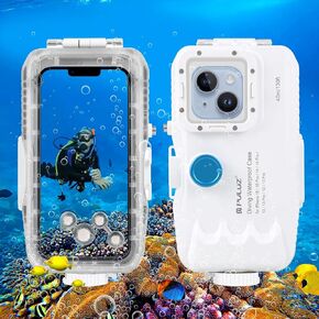 PULUZ Waterproof Case for iPhone 15Pro/15/14/14 Pro/13/13 Pro/12/12 Pro，PC+Glass Protective Case 40m/130ft Waterproof Diving Case Underwater Housing Cover for Surfing Snorkeling Kayaking White