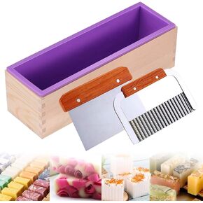 Ogrmar Silicone Soap Molds Kit-42 oz Wooden Silicone Rectangular Mold with Stainless Steel Wavy & Straight Scraper for Soap Cake Making (Purple)