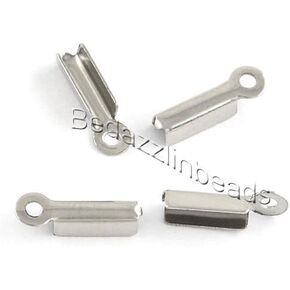 50 Surgical Stainless Steel Fold Over Crimp Bead End Tip Cord Findings W/Loop