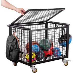 MyGift Black Metal Rolling School-Age Youth Sports Ball Storage Cart for Playground, Dodge Ball, Basketball, Soccer Ball Gym Basket Equipment Cart with Lockable Latch, Caster Wheels and 4 Hooks