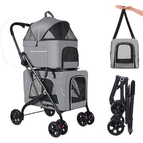 Double Pet Stroller for Small Dogs & Cats Foldable 2 Pet Stroller Lightweight Pet Stroller with 2 Detachable Carrier Bags Waterproof Pet Bag for Traveling Camping(with Soft Pad)