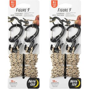 Nite Ize Figure 9 Carabiner Rope Tightener - Small with 8 ft Rope - Black - 4 Count (2 Pack)