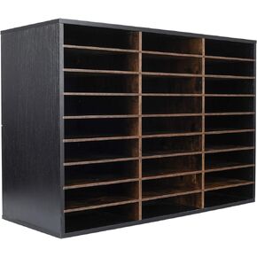 TQVAI Wood Adjustable Literature Organizer Desktop File Sorter Mail Center Paper Storage Cabinet Home & Office Mailbox School Classroom Keepers, 27 Slots Compartments, Black/Archaize