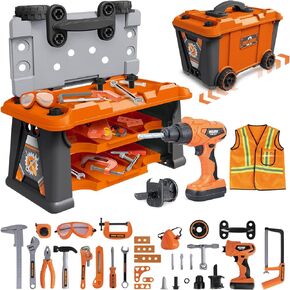 Playhiland 2 in 1 Kids Tool Bench-78 PCS Toddler Tool Bench with Tool Box and Electronic Toy Drill, Pretend Play Construction Toy Set for Kids Girls Boys Ages 3 4 5 6 7 Years Old Dress-up Party