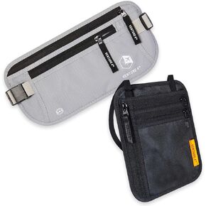 Travel Money Belt and Neck Wallet Bundle - RFID Blocking Technology to Keep your Cash, Credit Cards, Passports and Phone Safe
