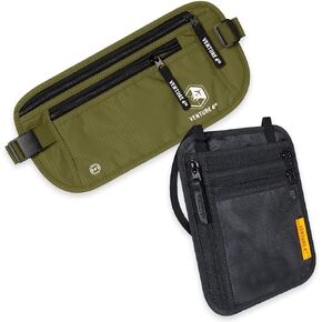 Travel Money Belt and Neck Wallet Bundle - RFID Blocking Technology to Keep your Cash, Credit Cards, Passports and Phone Safe