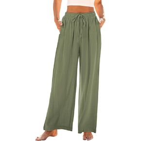 GRAPENT Wide Leg Pants Woman Linen High Waisted Pull On Flowy Casual Baggy Drawstring Palazzo Trousers Pants Resort Wear