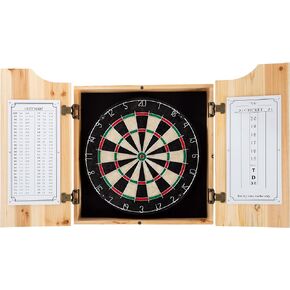 Dart Board Cabinet Set - Solid Pinewood Cabinet with 6 Metal-Tip Darts and Dry Erase Scoreboard - Bar Decor for Home by Trademark Games