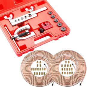 ACBungji 25 FT 3/16" & 1/4" Copper Coated Brake Line Flaring Tool Kit with 32 Fittings and 4 Unions Brake Line Fittings, Black Line Double & Single Flaring Tool Kit, Fits Fuel Systems