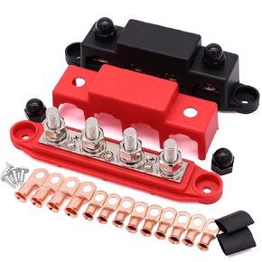 TuoLauthon 250A 4 Post Bus Bar Battery Power Distribution Block with 4 x 3/8" (M10) Battery Terminal Studs 14PCs 3:1 Heat Shrink Tubing Kit for Solar Wiring Marine Automotive RV Car(Red&Black)