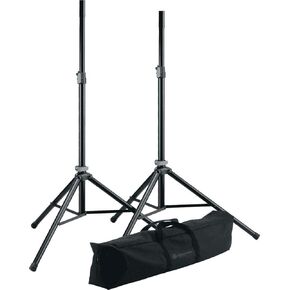 K&M König & Meyer 21449.000.55 Two Speaker Stands w/Carrying Case | Height Adjustment Clamp | Lightweight Tripod Base | Tube Adapter Sleeve | Folds Compact | Portable | German Made | Black | 2 Stands