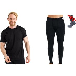 Merino.tech Merino Wool Base Layer Mens Set - Lightweight Merino Wool Thermal Underwear For Men T-Shirt, Bottom + Wool Socks