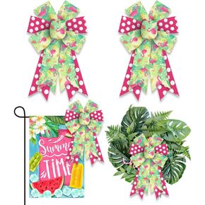 2 Pieces Summer Bows for Wreath, Summer Holiday Wreath Bows Green Pink Burlap Bows Hawaii Flamingos Bows Farmhouse Craft Bows for Front Door Summer Birthday Beach Pool Party Decorations