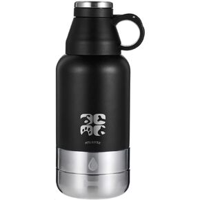 Pets Water Bottle Attached to Stainless Steel Bottles with Detachable Bowl Food Feeding Insulated Dog 32 Oz, Black