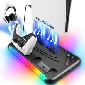 TECTINTER for PS5 Slim/PS5 Stand and Cooling Station,3-Level Cooling Station and 8 RGB LED with Charger for PS5&Edge Controller,PS5 Cooling station Design for PS5 Slim Disc&Digital /PS5 Disc & Digital