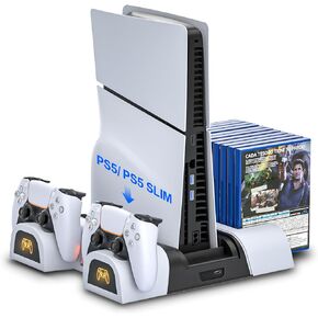 PS5 Slim Charging Station, PS5 Slim Charging Dock with Cooling Fan and Controller Charger, Charger Station Compatible with PS5 Disc/Digital Edition with LED Light