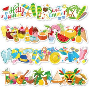 48 Pcs Summer Bulletin Board Border Set Beach Surfboard Glasses Party Border Trim Summer Hawaii Palm Tree Ice Cream Watermelon Classroom Cutout for School Whiteboard Window Decoration