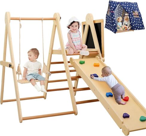 مجموعة مثلثات بيكلر الخشبية 8 في 1، صالة ألعاب رياضية داخلية في الغابة للأطفال الصغار من عمر 2 إلى 6 إلى 8 سنوات، مجموعة تسلق مونتيسوري مع منحدر / خيمة / أرجوحة / شريحة / تسلق الصخور / اللوحة، صالة ألعاب رياضية خشبية لتسلق الأطفال in Kuwait