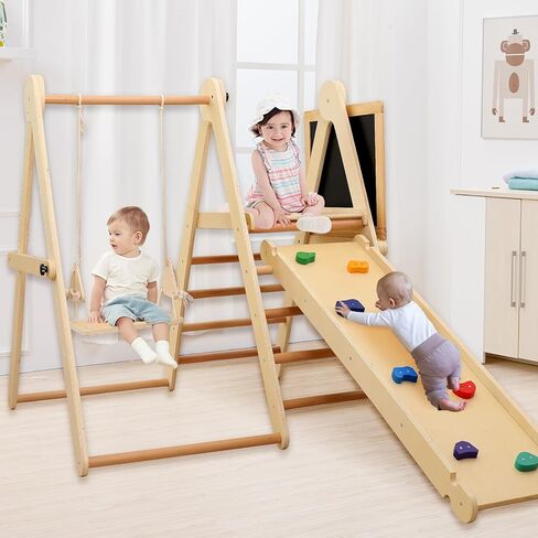 مجموعة مثلثات بيكلر الخشبية 8 في 1، صالة ألعاب رياضية داخلية في الغابة للأطفال الصغار من عمر 2 إلى 6 إلى 8 سنوات، مجموعة تسلق مونتيسوري مع منحدر / خيمة / أرجوحة / شريحة / تسلق الصخور / اللوحة، صالة ألعاب رياضية خشبية لتسلق الأطفال in Kuwait