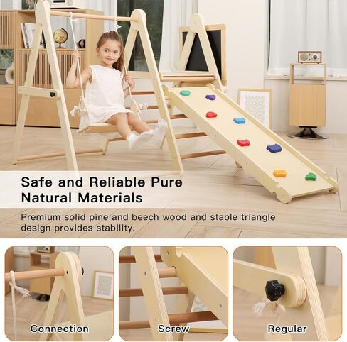 مجموعة مثلثات بيكلر الخشبية 8 في 1، صالة ألعاب رياضية داخلية في الغابة للأطفال الصغار من عمر 2 إلى 6 إلى 8 سنوات، مجموعة تسلق مونتيسوري مع منحدر / خيمة / أرجوحة / شريحة / تسلق الصخور / اللوحة، صالة ألعاب رياضية خشبية لتسلق الأطفال in Kuwait