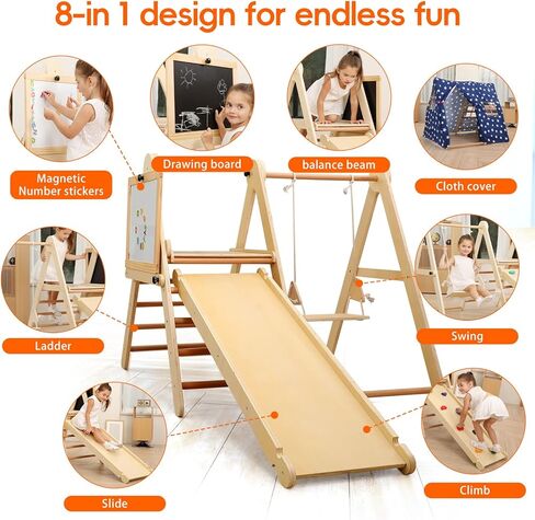 مجموعة مثلثات بيكلر الخشبية 8 في 1، صالة ألعاب رياضية داخلية في الغابة للأطفال الصغار من عمر 2 إلى 6 إلى 8 سنوات، مجموعة تسلق مونتيسوري مع منحدر / خيمة / أرجوحة / شريحة / تسلق الصخور / اللوحة، صالة ألعاب رياضية خشبية لتسلق الأطفال in Kuwait