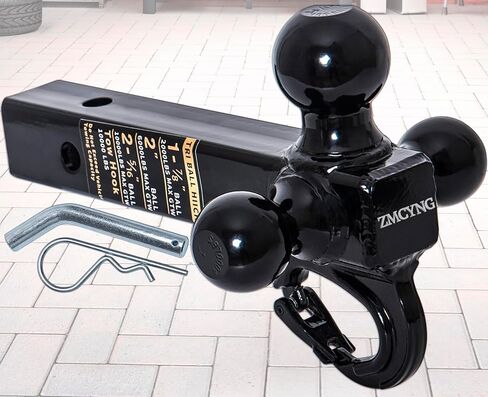 وصلة وصلة مقطورة ثلاثية الكرات مع خطاف، وصلة وصلة سحب ثلاثية الكرات تناسب جهاز استقبال وصلة 2 بوصة، 1-7/8 بوصة، 2 بوصة و2-5/16 بوصة كرات مطلية باللون الأسود لشاحنة سيارات الدفع الرباعي RV ATV، مزلاج آمن ذاتي القفل هوك 10000 رطل in Kuwait