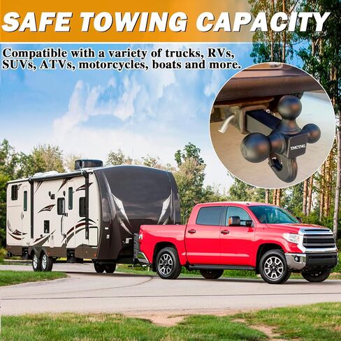 وصلة وصلة مقطورة ثلاثية الكرات مع خطاف، وصلة وصلة سحب ثلاثية الكرات تناسب جهاز استقبال وصلة 2 بوصة، 1-7/8 بوصة، 2 بوصة و2-5/16 بوصة كرات مطلية باللون الأسود لشاحنة سيارات الدفع الرباعي RV ATV، مزلاج آمن ذاتي القفل هوك 10000 رطل in Kuwait