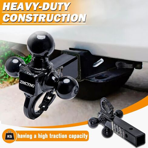 وصلة وصلة مقطورة ثلاثية الكرات مع خطاف، وصلة وصلة سحب ثلاثية الكرات تناسب جهاز استقبال وصلة 2 بوصة، 1-7/8 بوصة، 2 بوصة و2-5/16 بوصة كرات مطلية باللون الأسود لشاحنة سيارات الدفع الرباعي RV ATV، مزلاج آمن ذاتي القفل هوك 10000 رطل in Kuwait