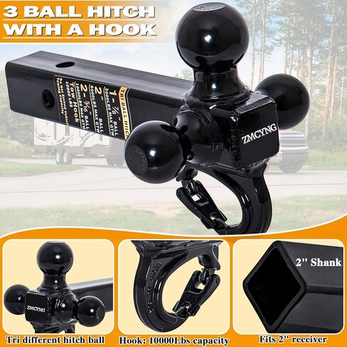 وصلة وصلة مقطورة ثلاثية الكرات مع خطاف، وصلة وصلة سحب ثلاثية الكرات تناسب جهاز استقبال وصلة 2 بوصة، 1-7/8 بوصة، 2 بوصة و2-5/16 بوصة كرات مطلية باللون الأسود لشاحنة سيارات الدفع الرباعي RV ATV، مزلاج آمن ذاتي القفل هوك 10000 رطل in Kuwait