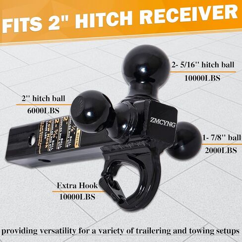 وصلة وصلة مقطورة ثلاثية الكرات مع خطاف، وصلة وصلة سحب ثلاثية الكرات تناسب جهاز استقبال وصلة 2 بوصة، 1-7/8 بوصة، 2 بوصة و2-5/16 بوصة كرات مطلية باللون الأسود لشاحنة سيارات الدفع الرباعي RV ATV، مزلاج آمن ذاتي القفل هوك 10000 رطل in Kuwait