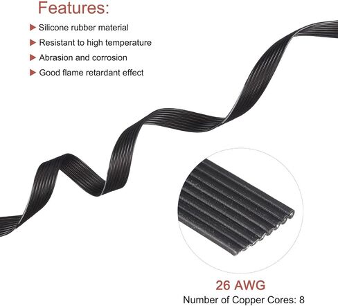 MECCANIXITY 26AWG Silicone Ribbon Cable 8Pin 26 Gauge Flat Cable Flexible Silicone Wire 10m/32.8ft Black Stranded Tinned Copper Wire for Model Plane, Model Car, Electric Appliance in Kuwait