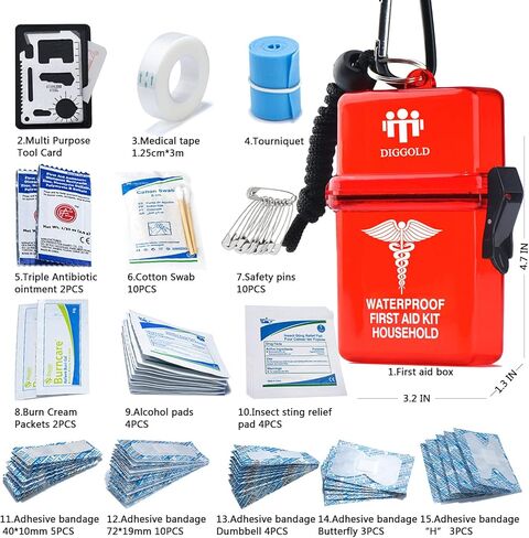 طقم إسعافات أولية صغيرة مقاومة للماء 63 قطعة لوازم لحالات الطوارئ والنجاة (أحمر02) in Kuwait