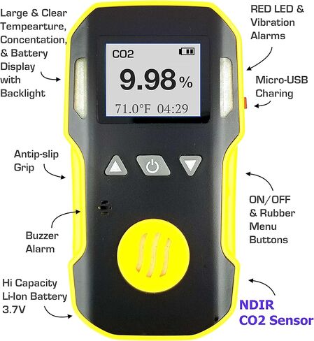 مقياس ثاني أكسيد الكربون للحاضنات | الولايات المتحدة الأمريكية معايرة NIST | شحن USB | إنذار الصوت والضوء والاهتزاز القابل للتعديل | 0-10% ثاني أكسيد الكربون | in Kuwait