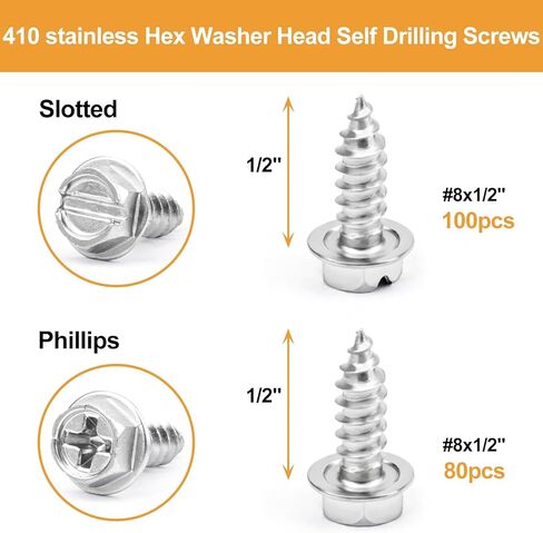 VIGRUE 180 قطعة #8 × 1/2 بوصة براغي بسحاب من الفولاذ المقاوم للصدأ، براغي مزراب ذاتية اللصق، براغي معدنية مشقوقة ورأس غسالة سداسية من فيليبس، تتضمن محرك سداسي مغناطيسي 1/4 بوصة in Kuwait