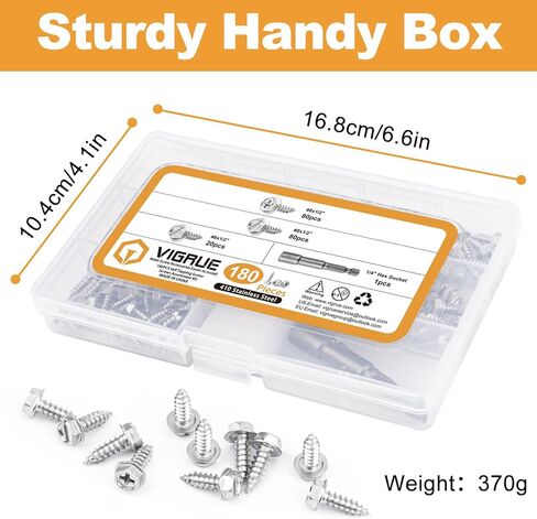 VIGRUE 180 قطعة #8 × 1/2 بوصة براغي بسحاب من الفولاذ المقاوم للصدأ، براغي مزراب ذاتية اللصق، براغي معدنية مشقوقة ورأس غسالة سداسية من فيليبس، تتضمن محرك سداسي مغناطيسي 1/4 بوصة in Kuwait