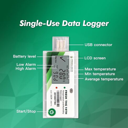 مسجل بيانات درجة الحرارة والرطوبة LCD من Freshliance، مسجل رطوبة درجة الحرارة USB للاستخدام مرة واحدة مع تقرير PDF أو CSV، 65000 قراءات -22 درجة فهرنهايت ~ 158 درجة فهرنهايت عالية الدقة، 90 يومًا، 10 عبوات، علامة جديدة 10TH in Kuwait